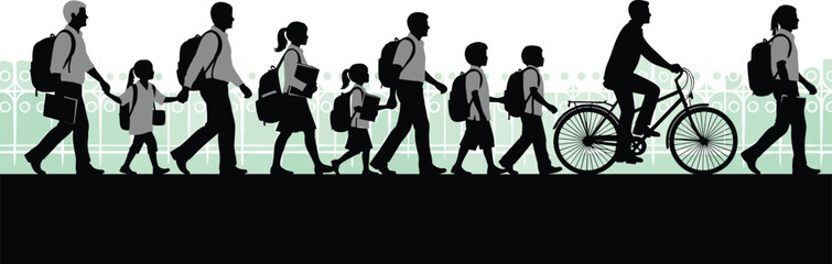 Set of Silhouettes Featuring Children and Students Walking with Backpacks and a Person Riding a Bicycle for Education and School Themed Graphic Design