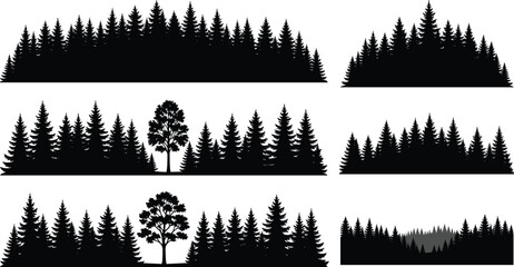 Set of Six Black Pine Forest Tree Line Silhouettes Featuring Coniferous and Deciduous Trees Isolated on White Background for Nature Landscape Design © Rakib 