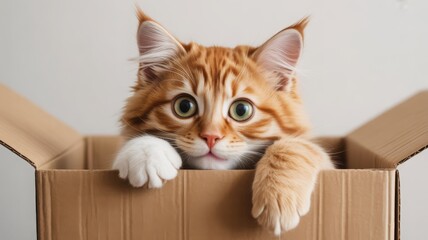 Cat peeking out of a cardboard box