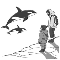 Grayscale of and child watching orcas whale people © lll