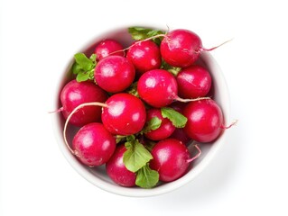 Fresh ripe radishes in bowl isolated on white background, top view