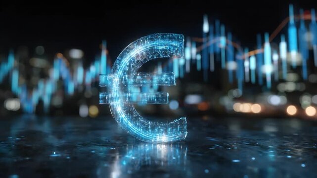 Glowing digital Euro currency symbol, representing European Union finance, global economic investment opportunity, dynamic market analysis technology backdrop