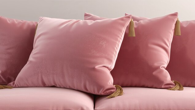 Elegant pink pillows on a couch. The pillows add a touch of color and luxury to the cozy sofa setting. The tassels hanging from the corner offer an extra accent to the decoration.