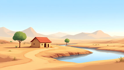 Cartoon Background Desert landscape with a small hut by a winding river, distant mountains under a clear blue sky, arid environment, sense of isolation and simplicity.