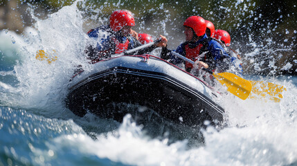 Group of people rafting on river water in summer with splashes  