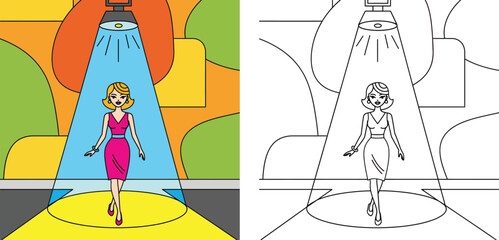 Open wooden wardrobe full of clothes and shoes. Vector cartoon illustration showing colored version and black and white outline for coloring book page. © MstTabassum