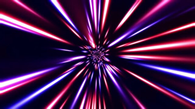 Fastpaced abstract animation of glowing neon red pink and blue light trails zooming toward the viewer like a warp speed or hyperspace jump Ideal for scifi concepts or highenergy tech. . 4K Video