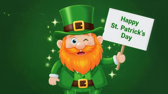 Happy St. Patrick's Day with a cheerful leprechaun holding a sign on a green background.
