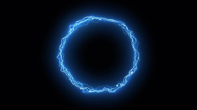Blue, electrical, circular, lightning bolts frame, energy portal light effect. Lightning overlay anime style isolated on black background.
