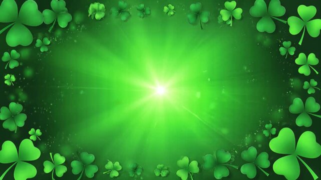 St. Patrick's Day vibrant green background with shamrocks and a central light burst, perfect for festive designs.