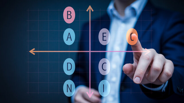 Businessman's Finger Touching a Matrix Chart with Lettered Quadrants on a Digital Screen graph