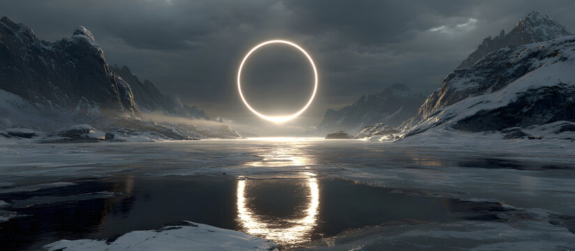 Dramatic solar eclipse over a frozen arctic landscape with icy water reflection AI Generated