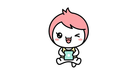 Obraz premium Cute Kawaii Cartoon Baby Character Winking Happily, Holding a Digital Device, Adorable Childlike Vector Art