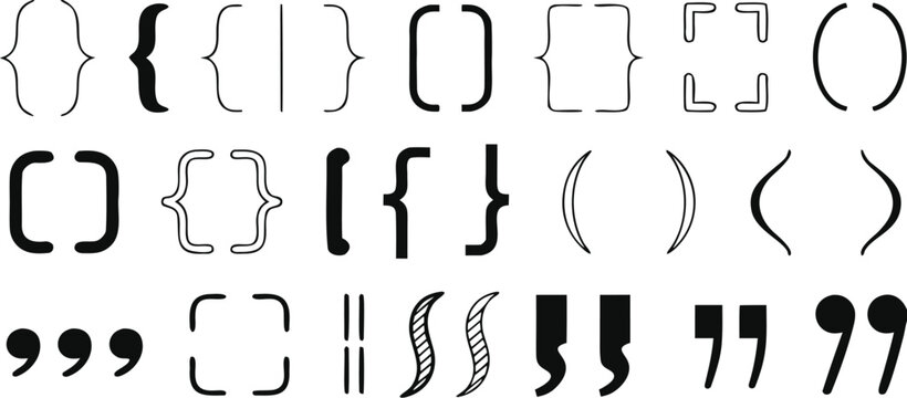 Black Silhouette of Curly Braces Parentheses Angle Quotation Marks Isolated on White
