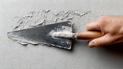 Ultra realistic macro shot of gloved fingers wiping excess repair compound off the edge of a concrete wall corner, tight framing on corner detail