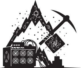 Bitcoin mining rig with pickaxe and circuit graphics on transparent background illustration