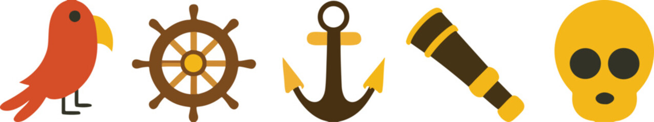 Pirate Icon Set – Anchor, Parrot, Skull, Ship, Treasure Chest & Steering Wheel Vector Clipart . © DobirUddin