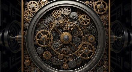 Obraz premium Intricate Steampunk Clockwork Mechanism with Golden Gears and Brass Accents.