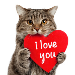 A cat holding a red heart with the words 