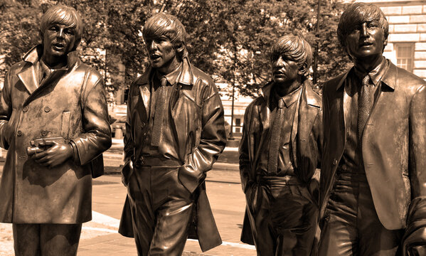 LIVERPOOL UNITED KINGDOM: Beatles Statue arrived on Liverpool's Waterfront in 2015. Donated by the famous Cavern Club, the placement of the statue coincides with the 50 year anniversary band