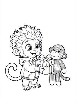 Kids Coloring Page: Cute cartoon monkey giving a birthday gift to a sock monkey toy. Black and white line art illustration for children's activity books.
