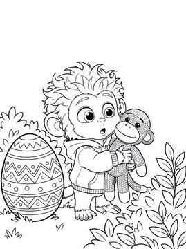 Cute Bigfoot child coloring page for kids, surprised by a decorated Easter egg hunt find, holding a sock monkey toy. Whimsical holiday activity sheet.