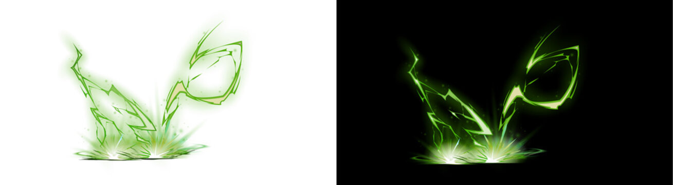 A PNG image of Dynamic bright neon green lightning energy burst effect illustration featuring jagged electrical discharges and ground impact illumination on transparent background