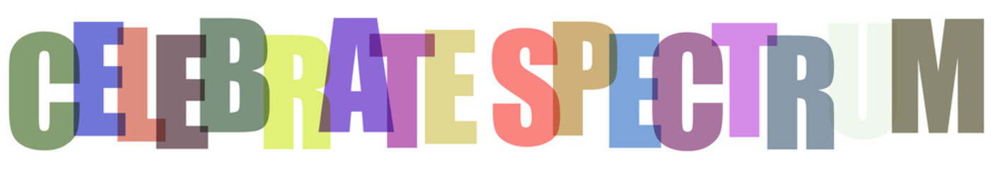 Colorful block letters spelling celebrate spectrum on black background