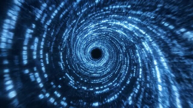 Glowing digital tunnel vortex leading to central void with blue light pattern and motion blur. digital vortex of glowing blue binary code spiraling toward dark center futuristic data tunnel conveying
