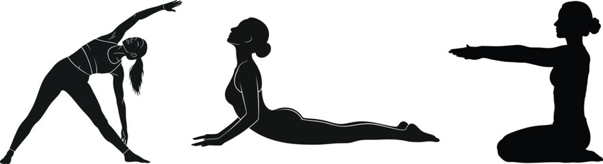Fototapeta premium Three yoga poses in silhouette against a white background showcasing flexibility and balance in a serene setting with silhouette