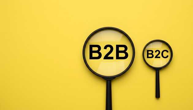 B2B and B2C Business Model Comparison Concept with Magnifying Glass on Yellow Background.