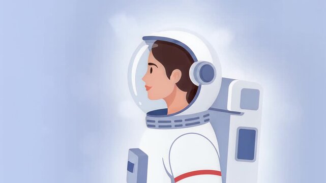 Female astronaut profile in space suit floating against blue background vector animation