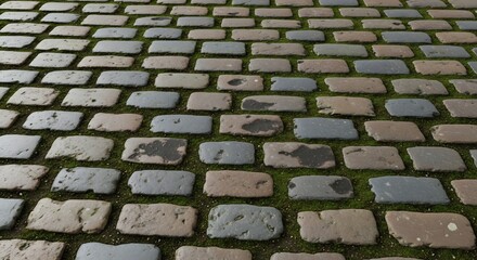 Cobblestone Pavement Texture with Moss Growing Between Stones.