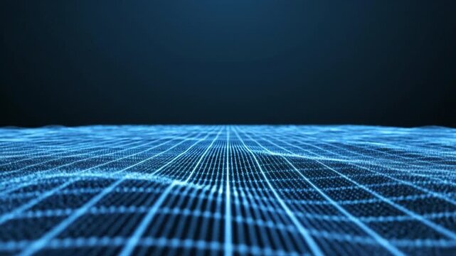 Futuristic blue digital grid landscape with glowing dots and lines forming perspective mesh abstract technology scene conveying data flow and network connectivity dark environment glowing blue grid