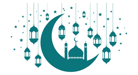 A teal crescent moon and mosque design with hanging lanterns and stars a striking silhouette high quality professional © AL-AMIN