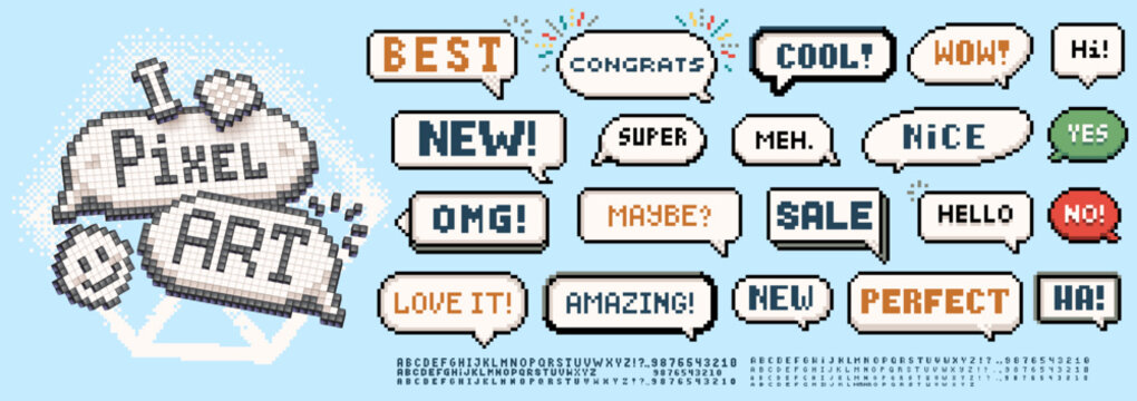 Pixel art speech bubbles. Retro 8-bit dialog boxes, vintage video game text clouds and pixelated message frames. Isometric chat blocks, arcade style quote badges and word stickers with bitmap font alp