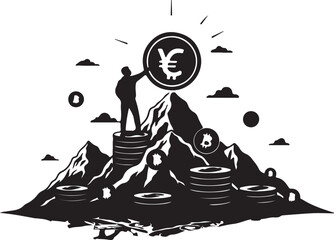 Man standing on coins stack holding large yen euro currency symbol on mountain peak