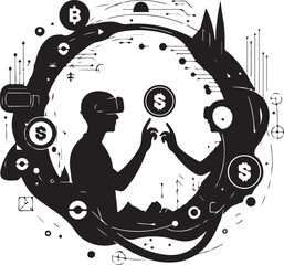 Silhouette of people wearing vr headset and interacting with virtual currency icons and elements