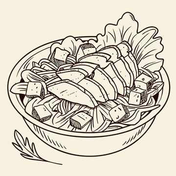 Caesar salad with chicken hand drawn engraving sketch Restaurant business concept Vector illustration.