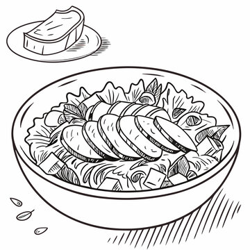 Caesar salad with chicken hand drawn engraving sketch Restaurant business concept Vector illustration.