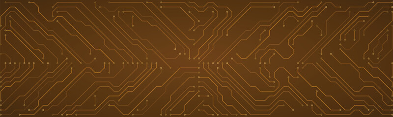 Warm brown circuit board graphic with detailed electronic pathways and connection points, illustrating technological infrastructure and digital systems on a subtle gradient background