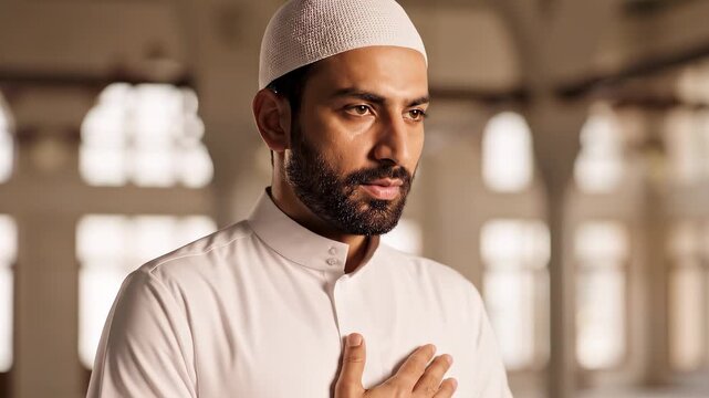 cinematic close-up of a men Muslim worshipper dua during Ramadan, calmly expression