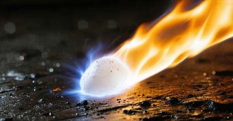 Marshmallow roasting over flames. Intense heat creates vibrant colors, contrasting dark background. Delicious treat, campfire vibes.