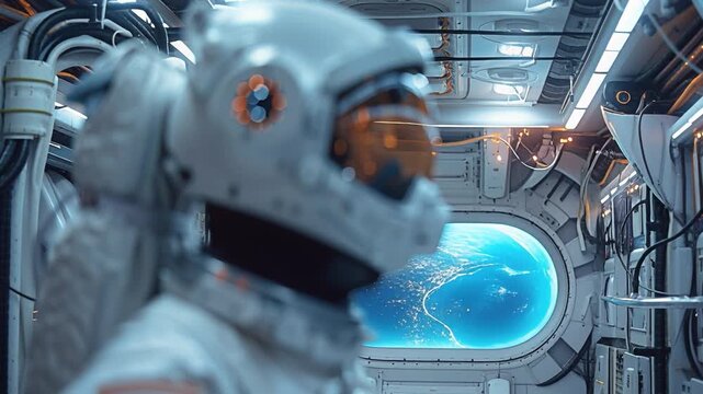 Inside sophisticated space station, astronaut clad in helmet is engrossed in viewing futuristic cityscape, bathed in soft glow illuminated panels, evoking sense advanced technology intriguing ambiance