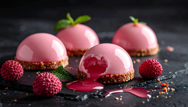 Exotic lychee mousse dome cracked open with glossy filling spilling outward
