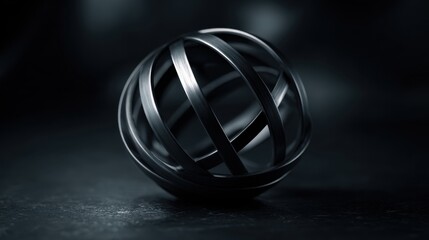 A sleek metallic sphere sculpture with interlocking rings creates a modern abstract geometric form on a dark background.