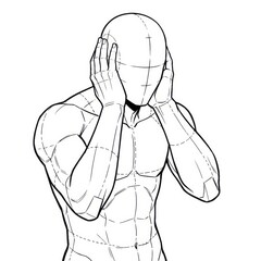 Ink sketch of man gently covering his ears isolated on white.