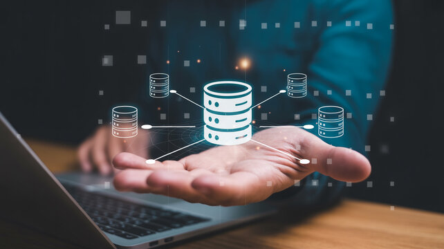 Hand holding a central database icon connected to surrounding data storage symbols server cloud