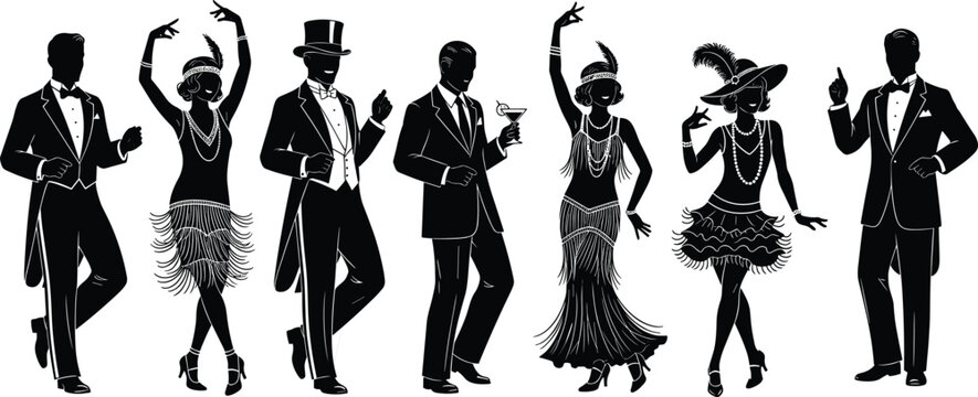 1920s jazz age party silhouettes featuring elegant men and women dancing, flapper dresses and vintage suits, Great Gatsby style black and white illustration