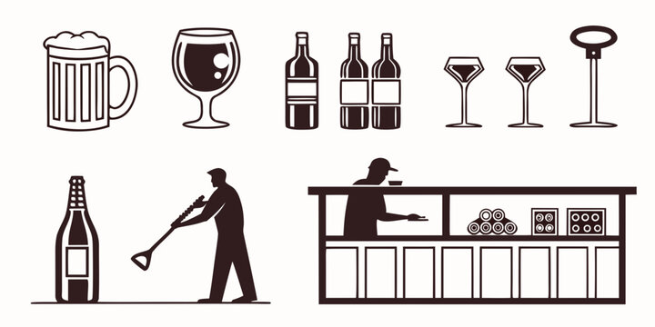 A variety of beverages and bar tools arranged on a countertop Vector